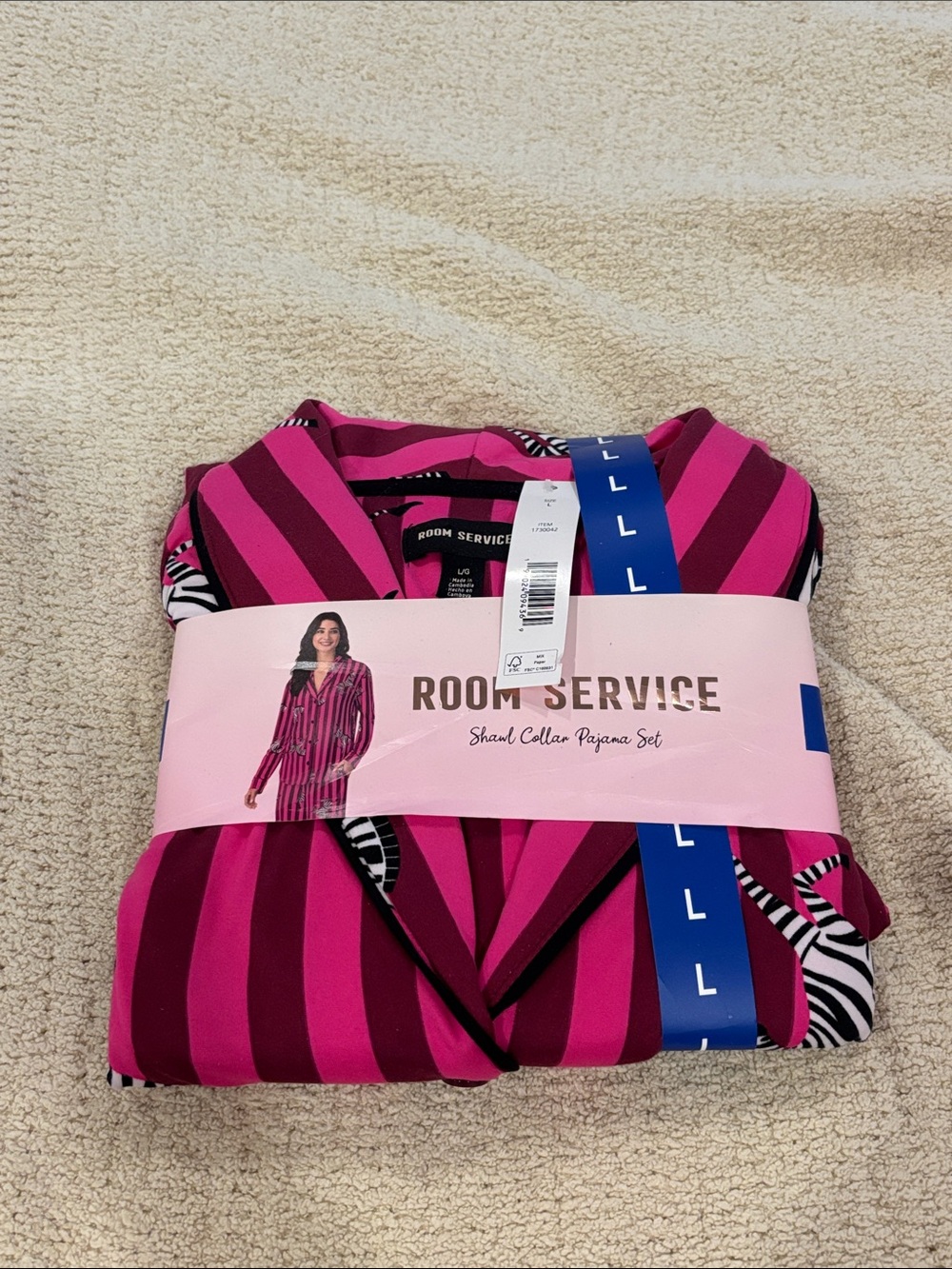 NWT- Women's Shawl Collar Pajama Set - Fuchsia Stripe